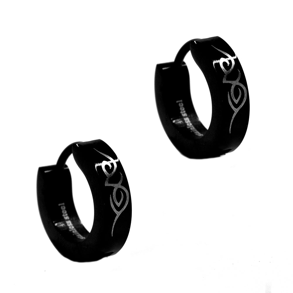 Stainless steel black plated tribal pattern huggie - SSYE015
