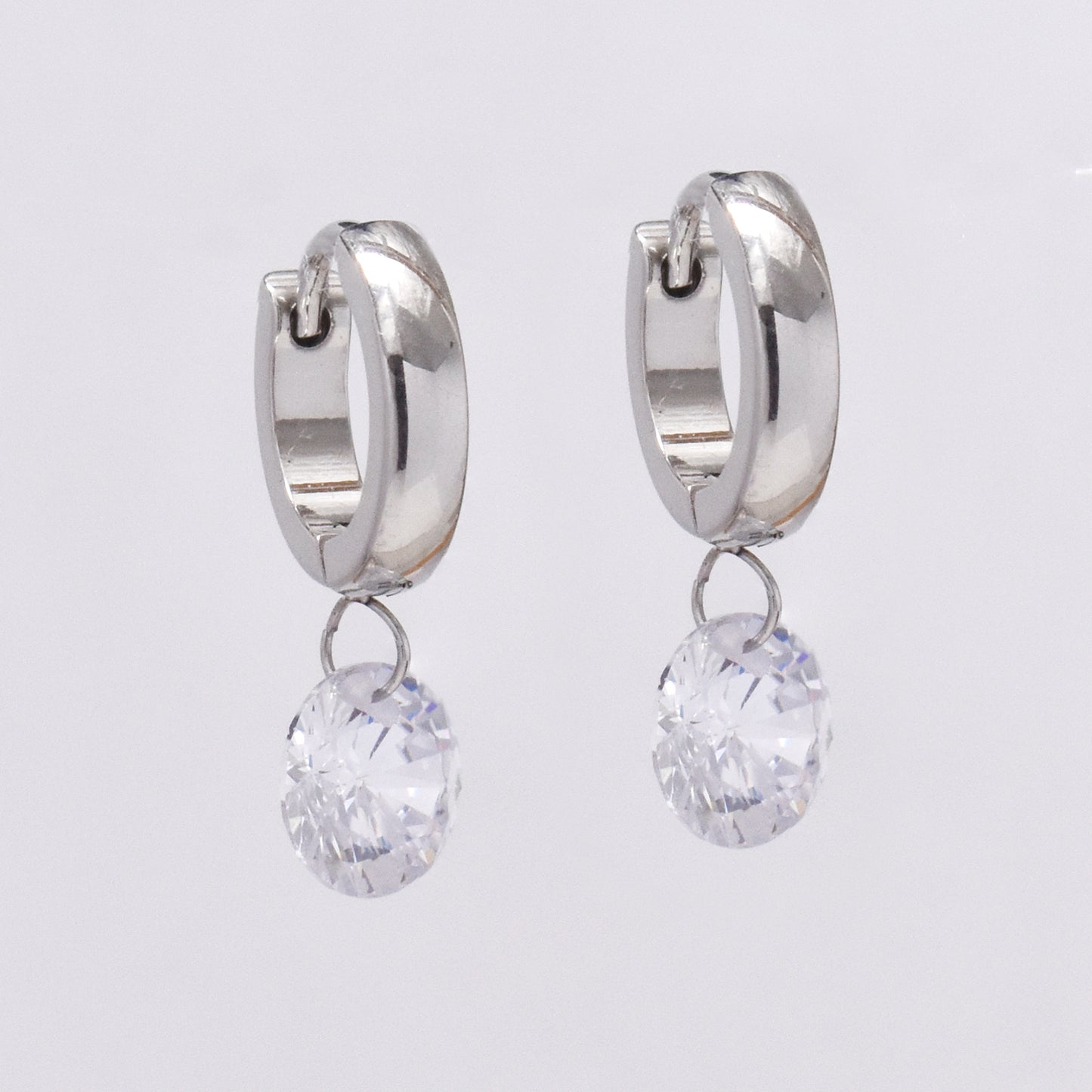 Stainless steel 13x3mm huggie with 8mm cubic zirconia drop - SSYE1521A