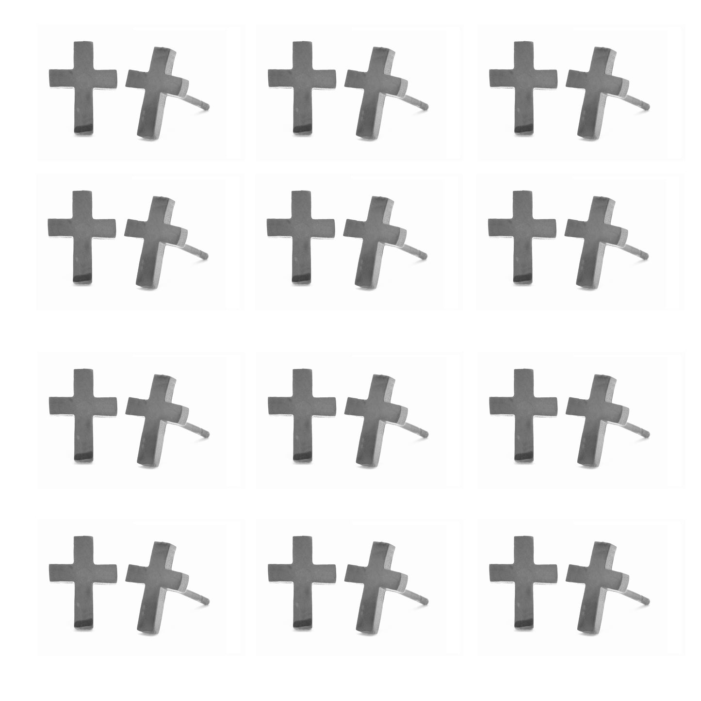 12 Pack Stainless steel black tiny cross 8mm x 5mm stud earrings - SSYE2114