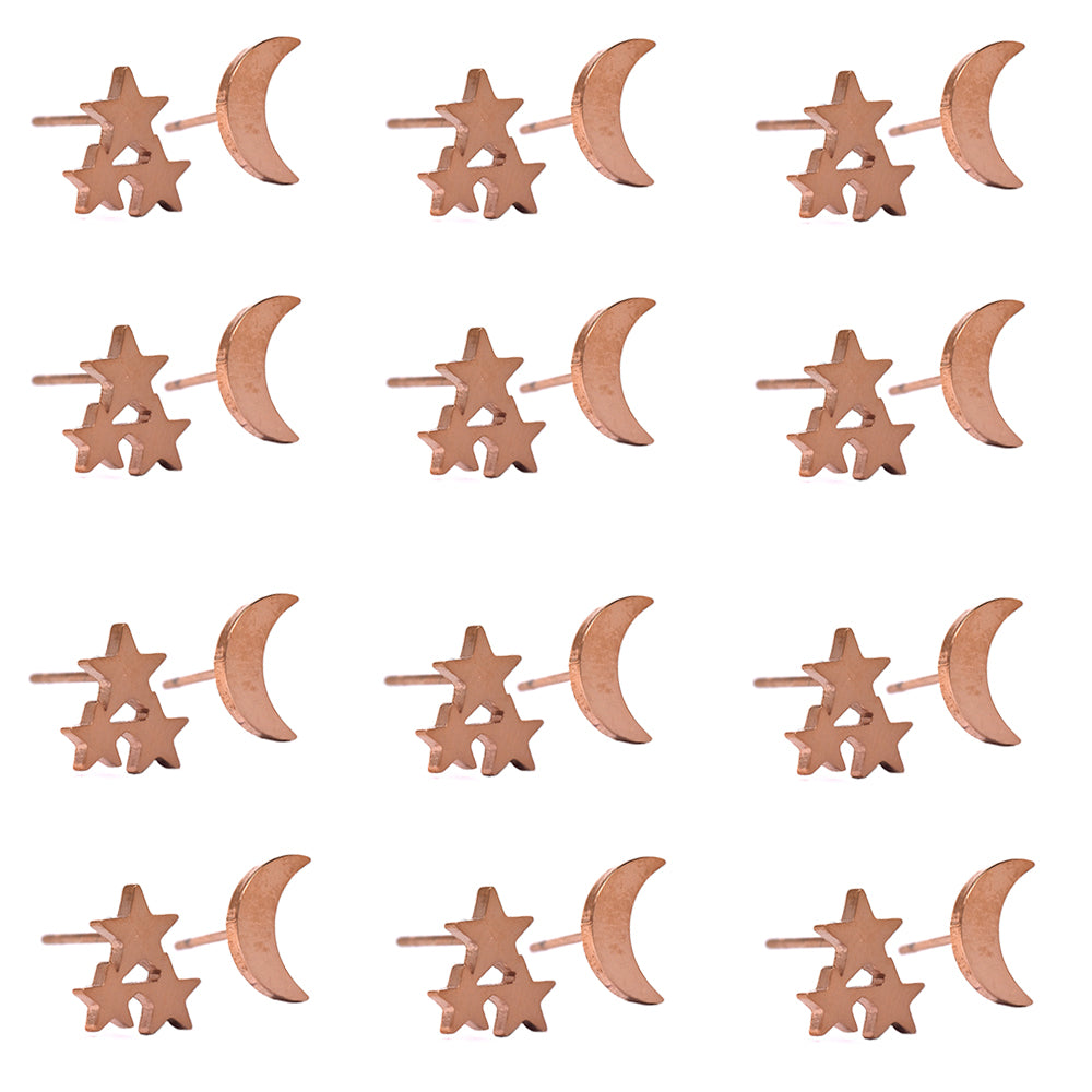 12 Pack Stainless steel rose gold moon and 3 star mismatch stud moon: L10mm x 2mm star: 8mm - SSYE2121