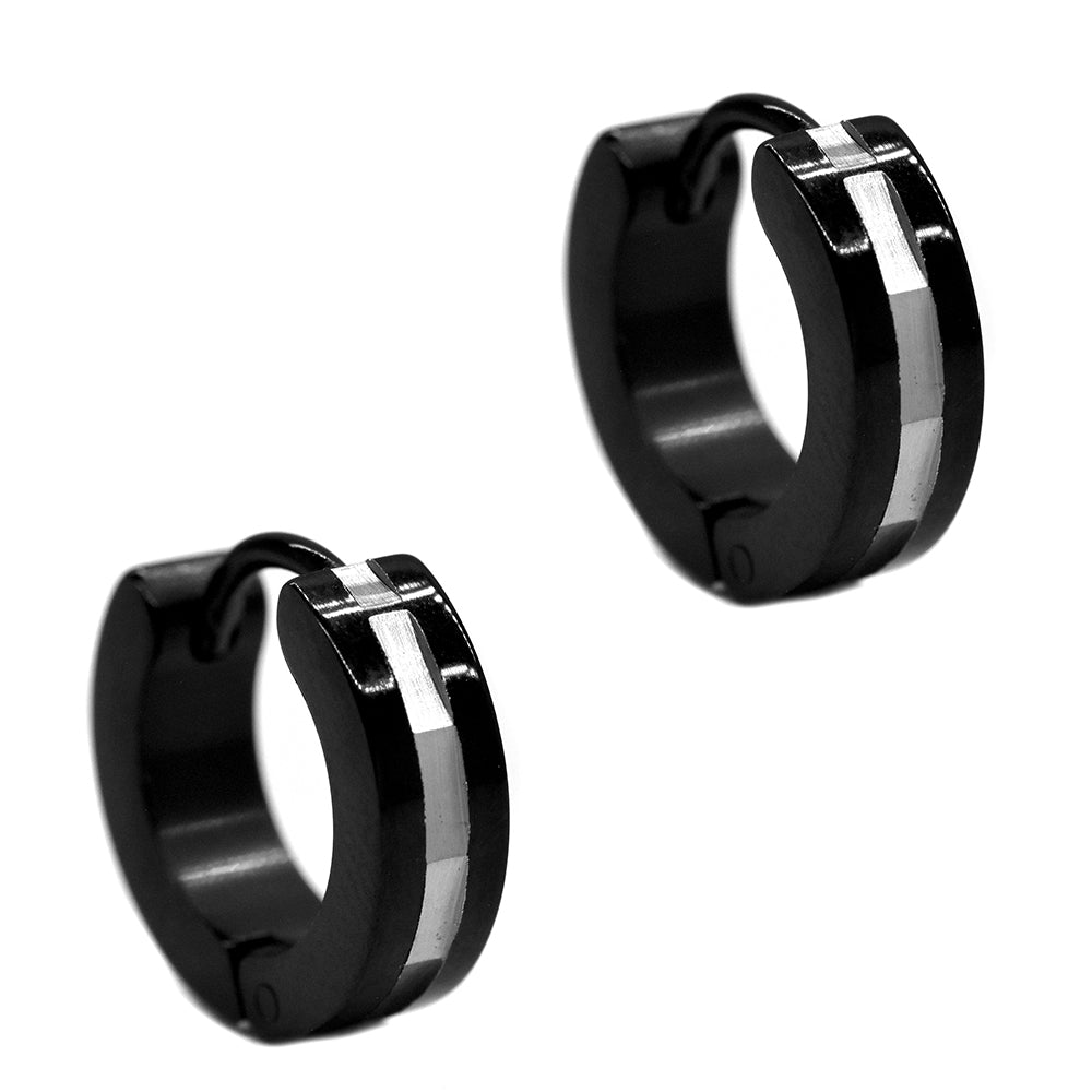 Stainless steel black with centred steel stripe huggie earrings - SSYE2205