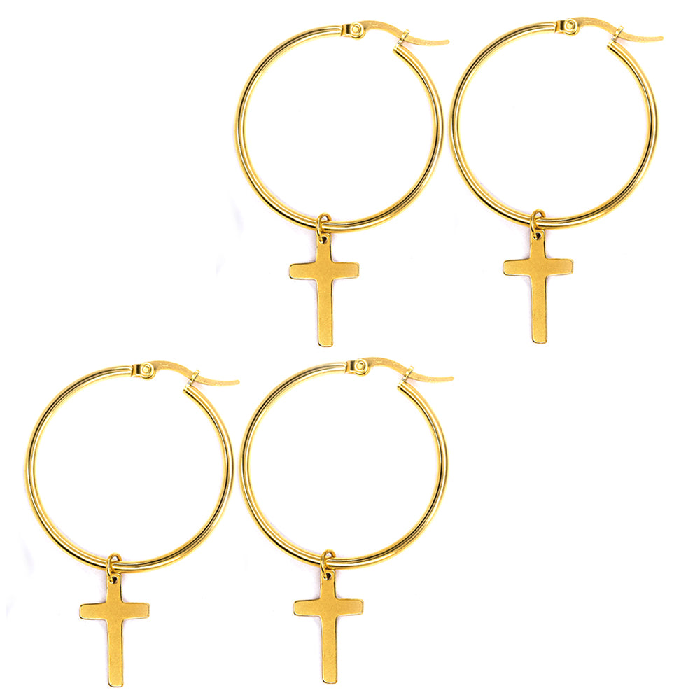 2 Pack Stainless steel 35mm hoop with 18mm x 11mm cross charm earring - SSYE3082