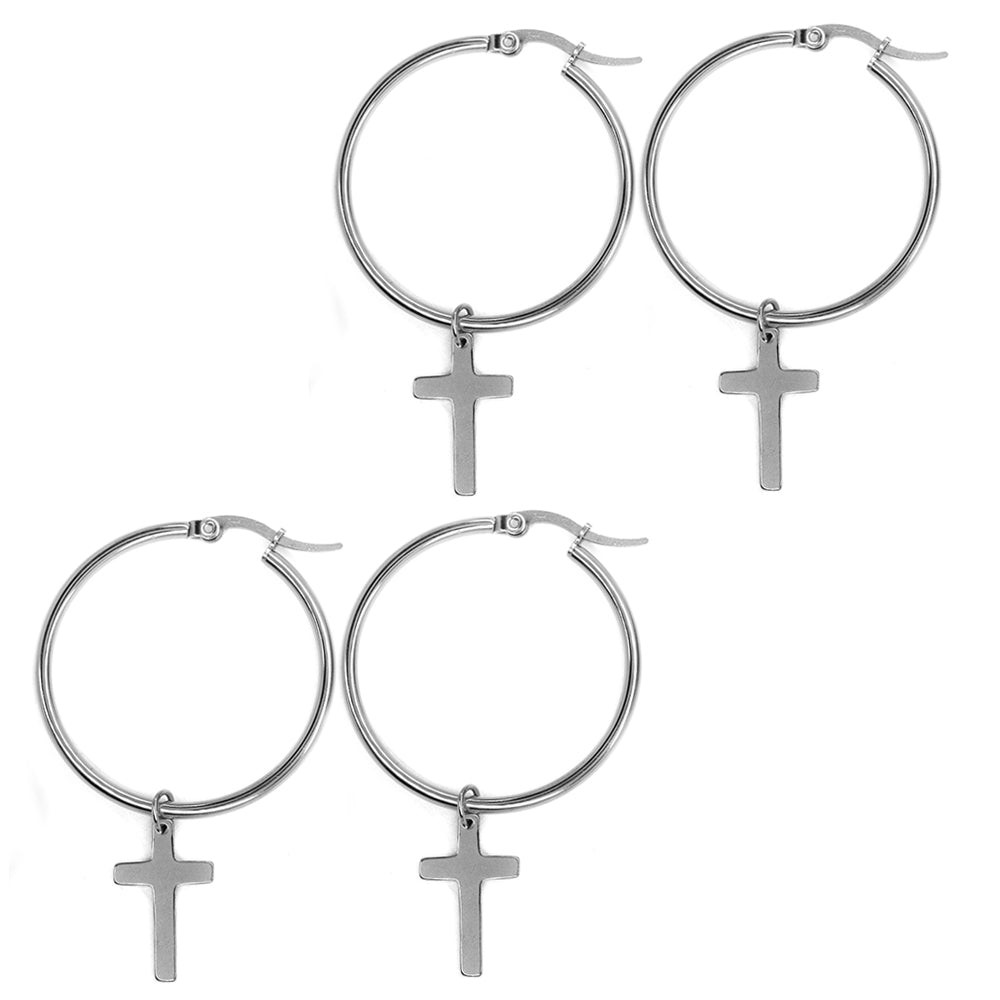 2 Pack Stainless steel 35mm hoop with 18mm x 11mm cross charm earring - SSYE3082