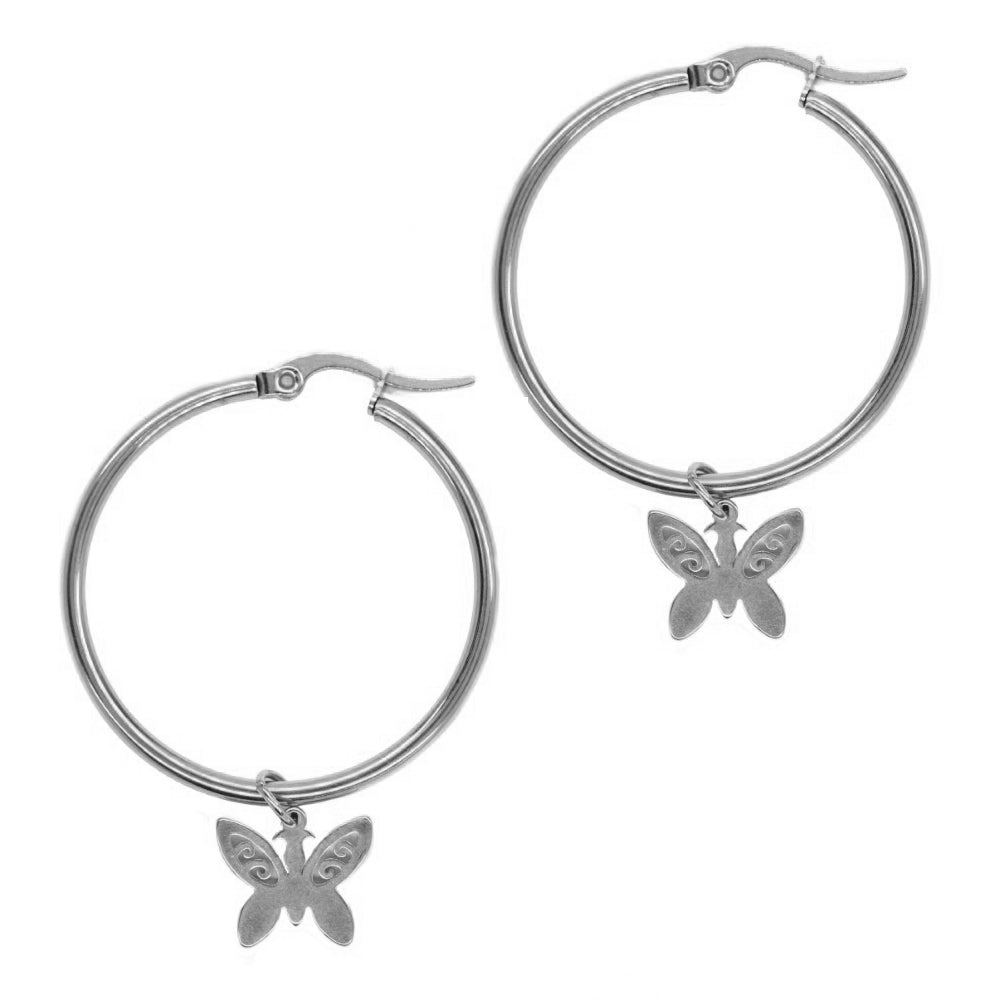 2 Pack Stainless steel gold 35mm hoop with 10mm x 12mm butterfly charm earring - SSYE3086