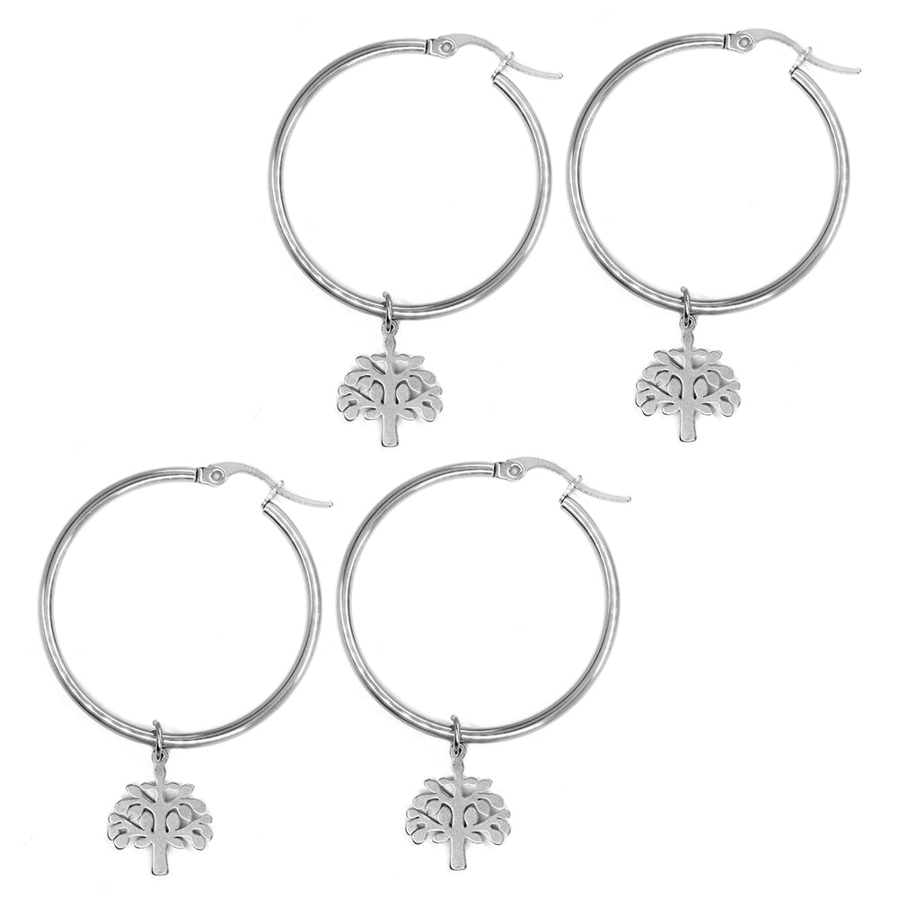 2 Pack Stainless steel 35mm hoop with 15mm x 12mm tree of life charm earring - SSYE3087