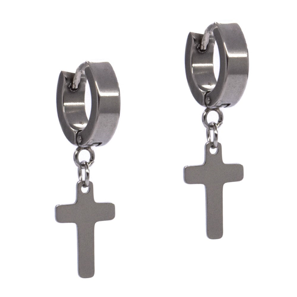 Stainless steel cross drop huggie - SSYE3594