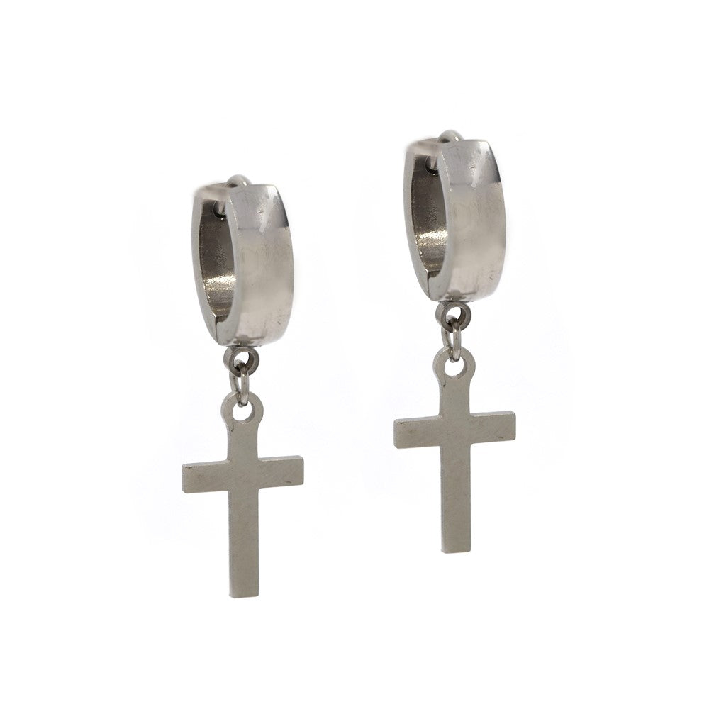 Stainless steel cross hanging from domed huggie earring - SSYE4220