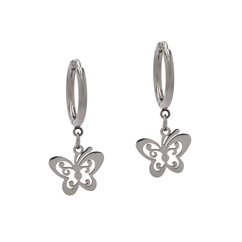 Stainless steel butterfly on hoop earring Hoop: 16mm in diameter size Butterfly: 11mm x 13mm - SSYE4291