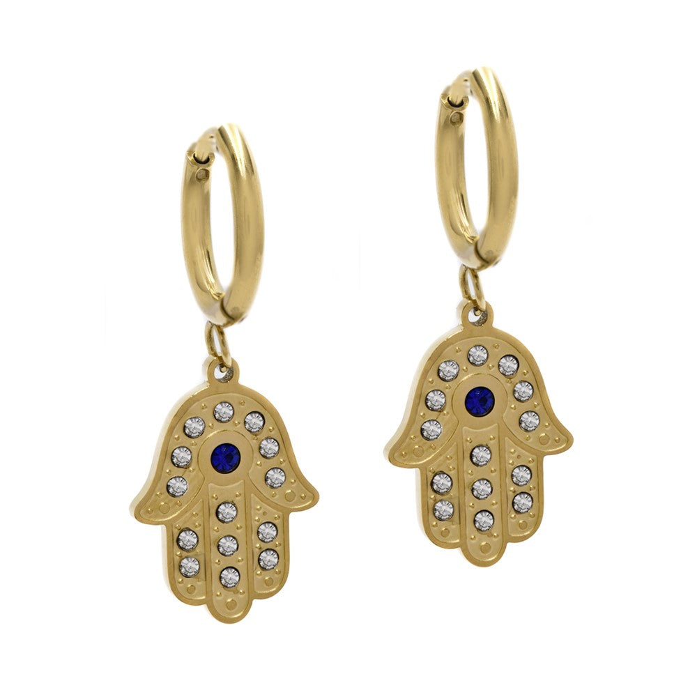 Stainless steel crystal stone Hamsa drop earrings - SSYE4465