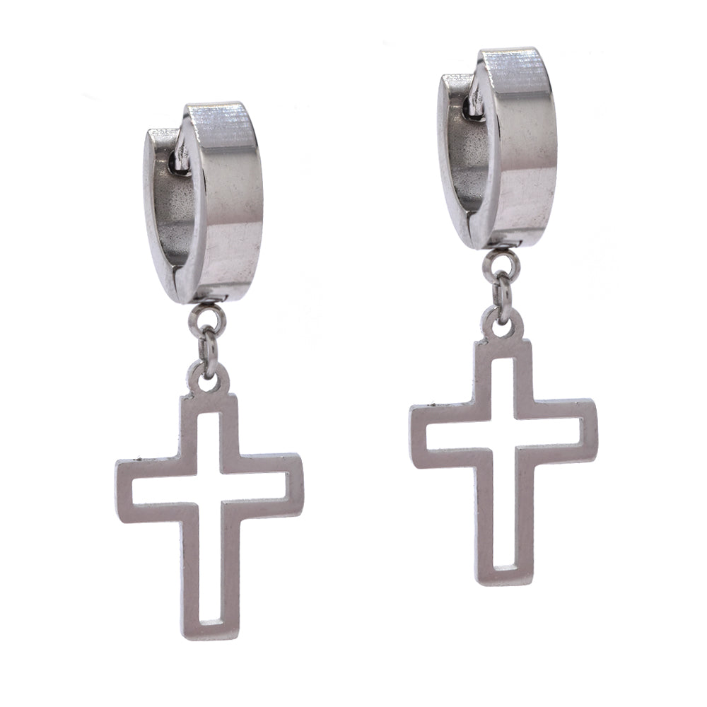 Stainless steel cutout cross on huggie - SSYE4555K