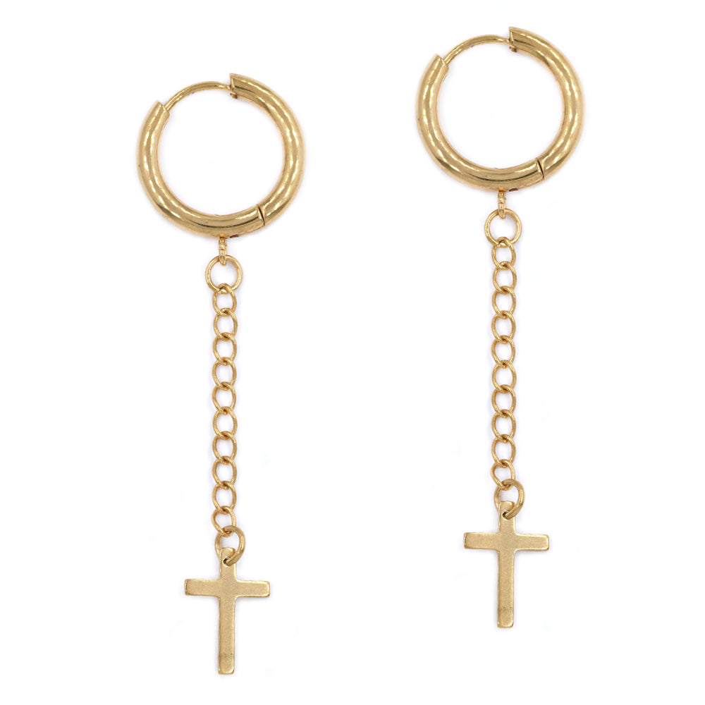 Stainless steel cross on chain huggie earring - SSYE4672