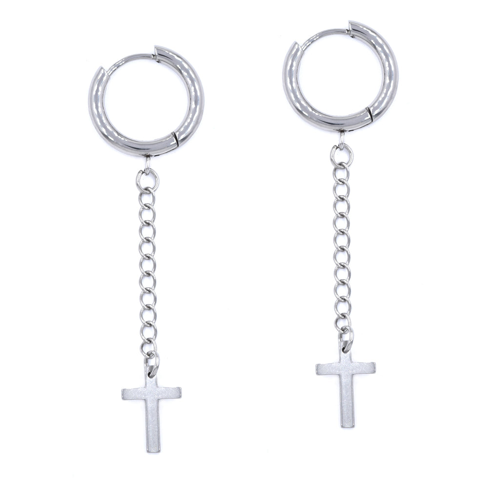Stainless steel cross on chain huggie earring - SSYE4672