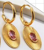 Stainless steel hoops with oval disc and stone - SSYE4910