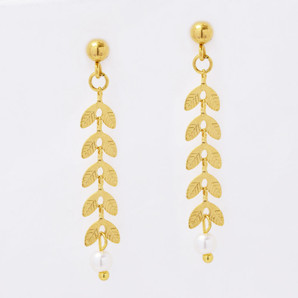 Stainless steel leaf drop with pearl - SSYE4989