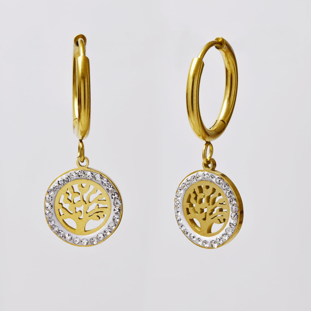 Stainless steel gold hoop with tree of life earring - SSYE5028