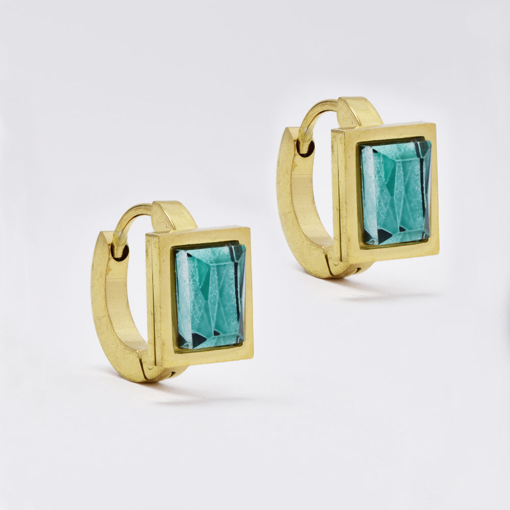 Stainless steel gold huggies with green emerald cut stone earring - SSYE5029