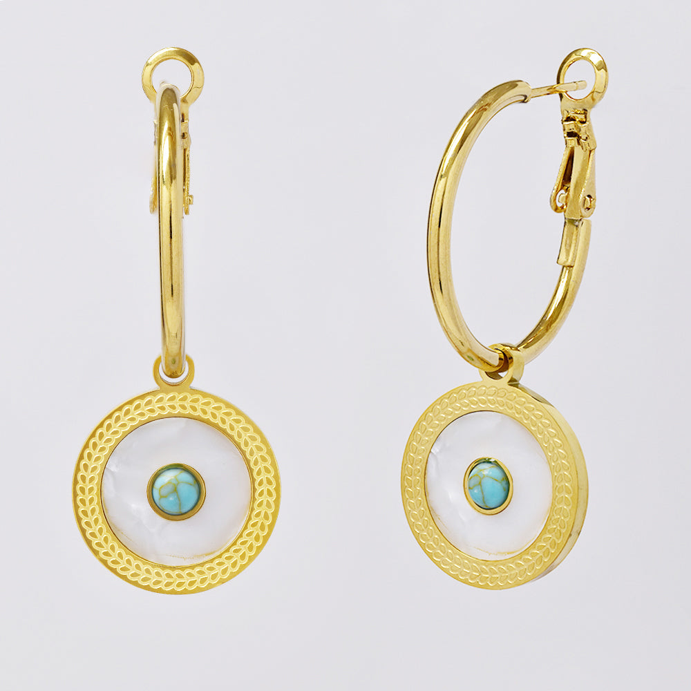 Stainless steel gold hoop with Mother of Pearl and turquoise stone earring - SSYE5032