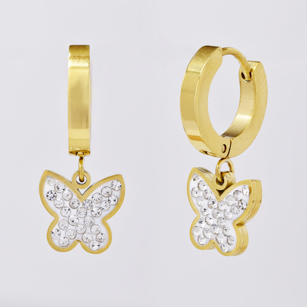 Stainless steel gold huggie with encrusted butterfly earring - SSYE5035