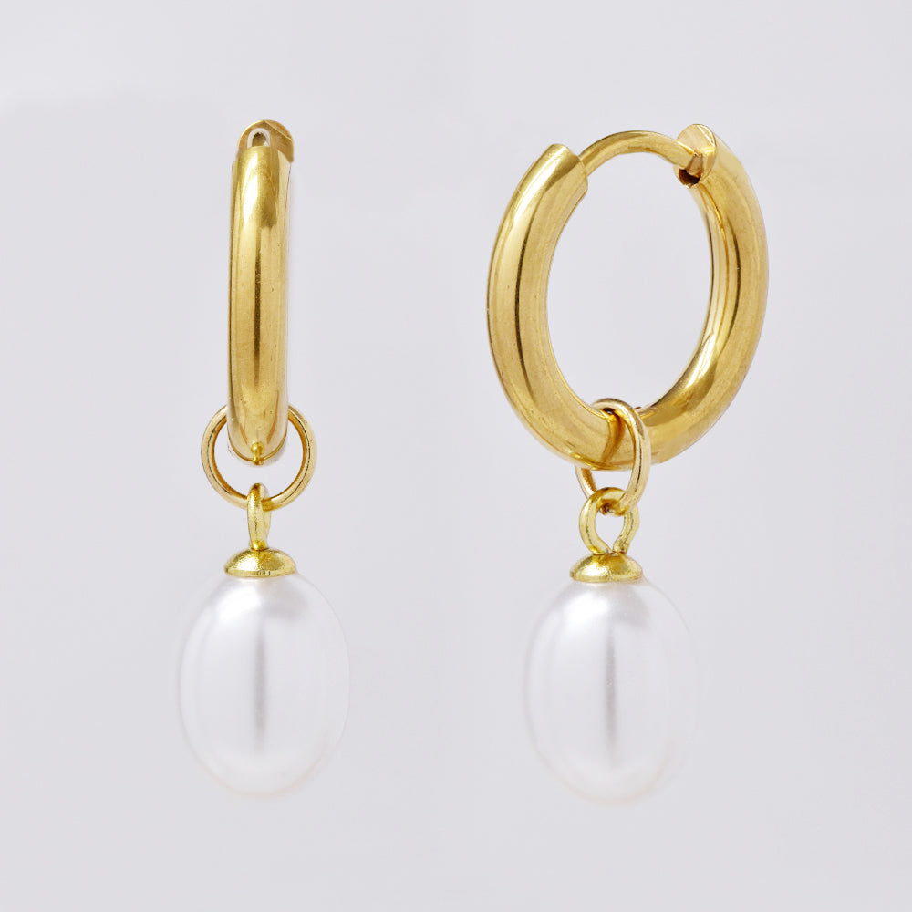 Stainless steel gold hoop with faux pearl earring - SSYE5037