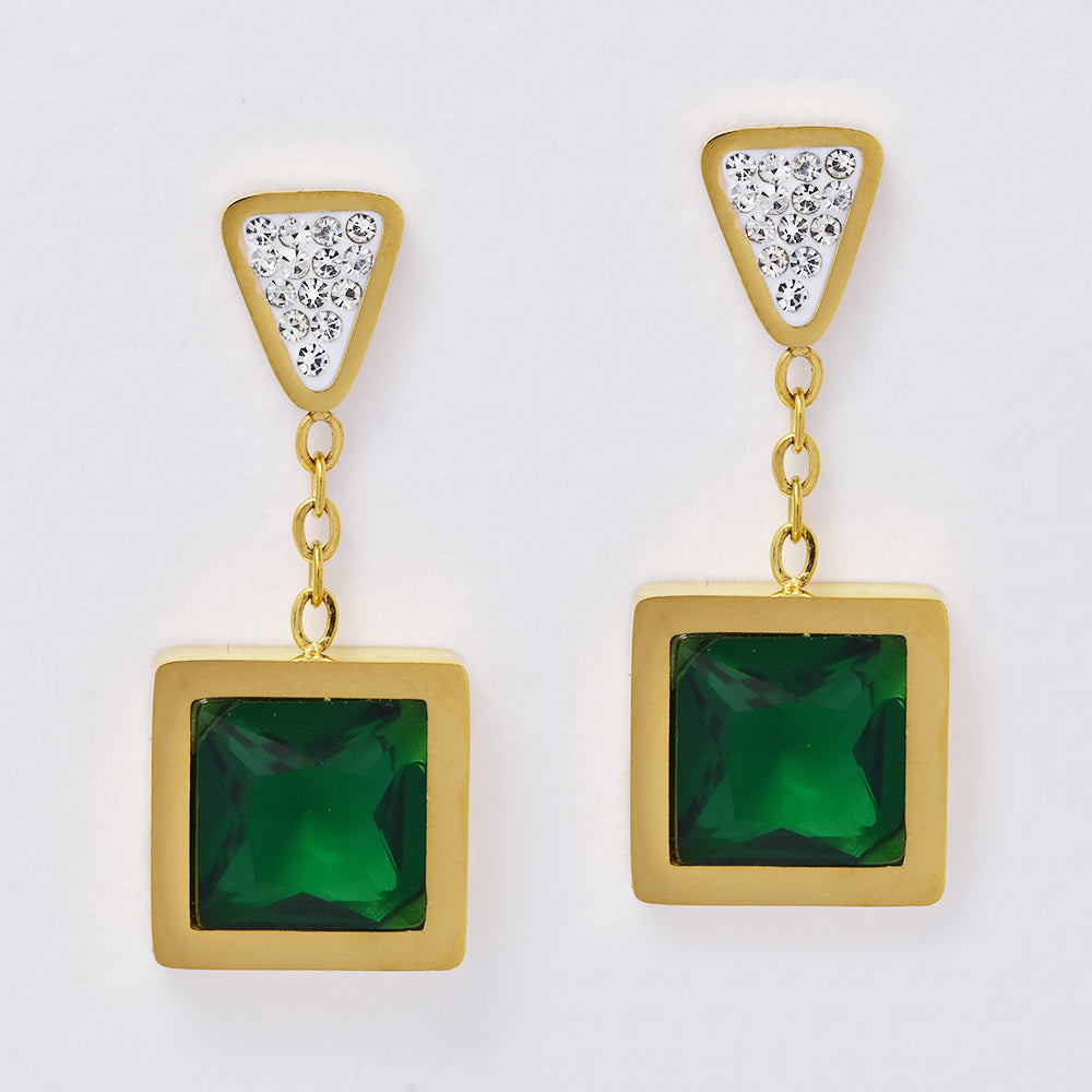 Stainless steel triangle stud with square emerald cut drops - SSYE5106