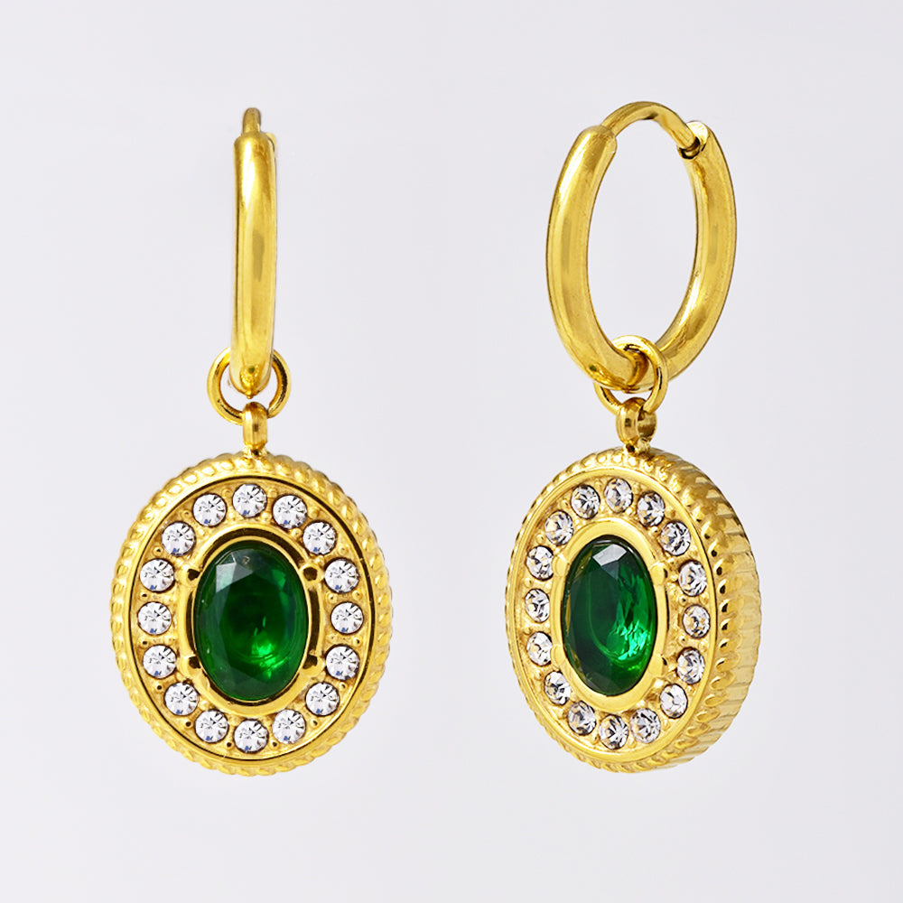 Stainless steel hoops with oval encrusted disc drops - SSYE5116
