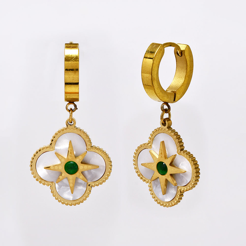 Stainless steel mother of pearl flower with star and green CZ stone drop earrings - SSYE5137