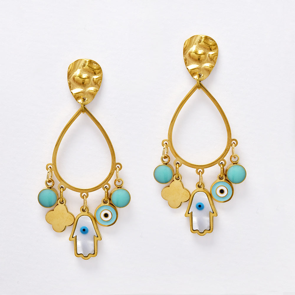 Stainless steel teardrop cutout with Hamsa evil eye charms earrings - SSYE5141