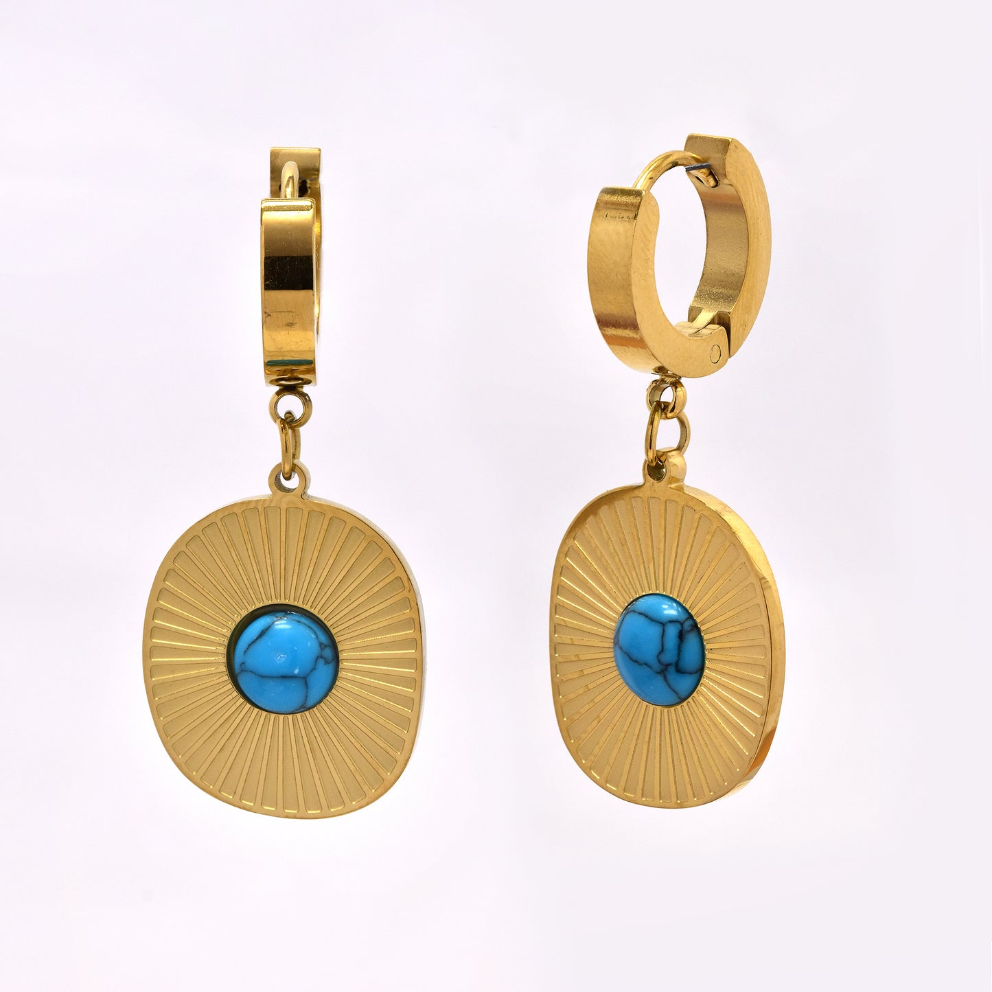 Stainless steel huggie with textured disk and turquoise stone - - SSYE5230