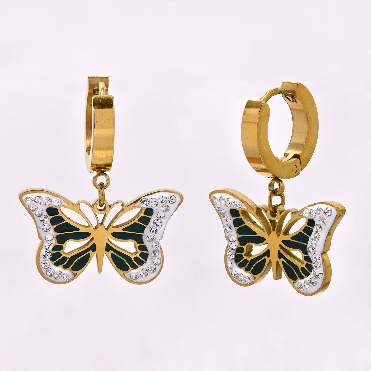 Stainless steel drop with green and white crystal framed butterfly - SSYE5236
