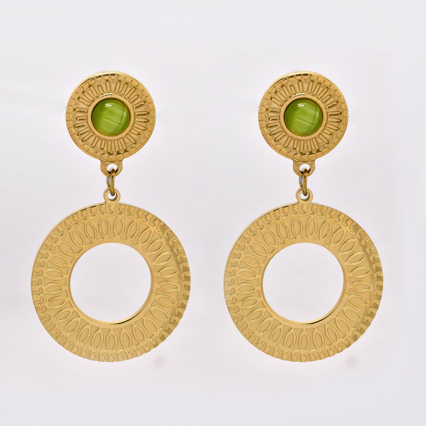 Stainless steel double circle disk stud earring with light green stone - SSYE5246