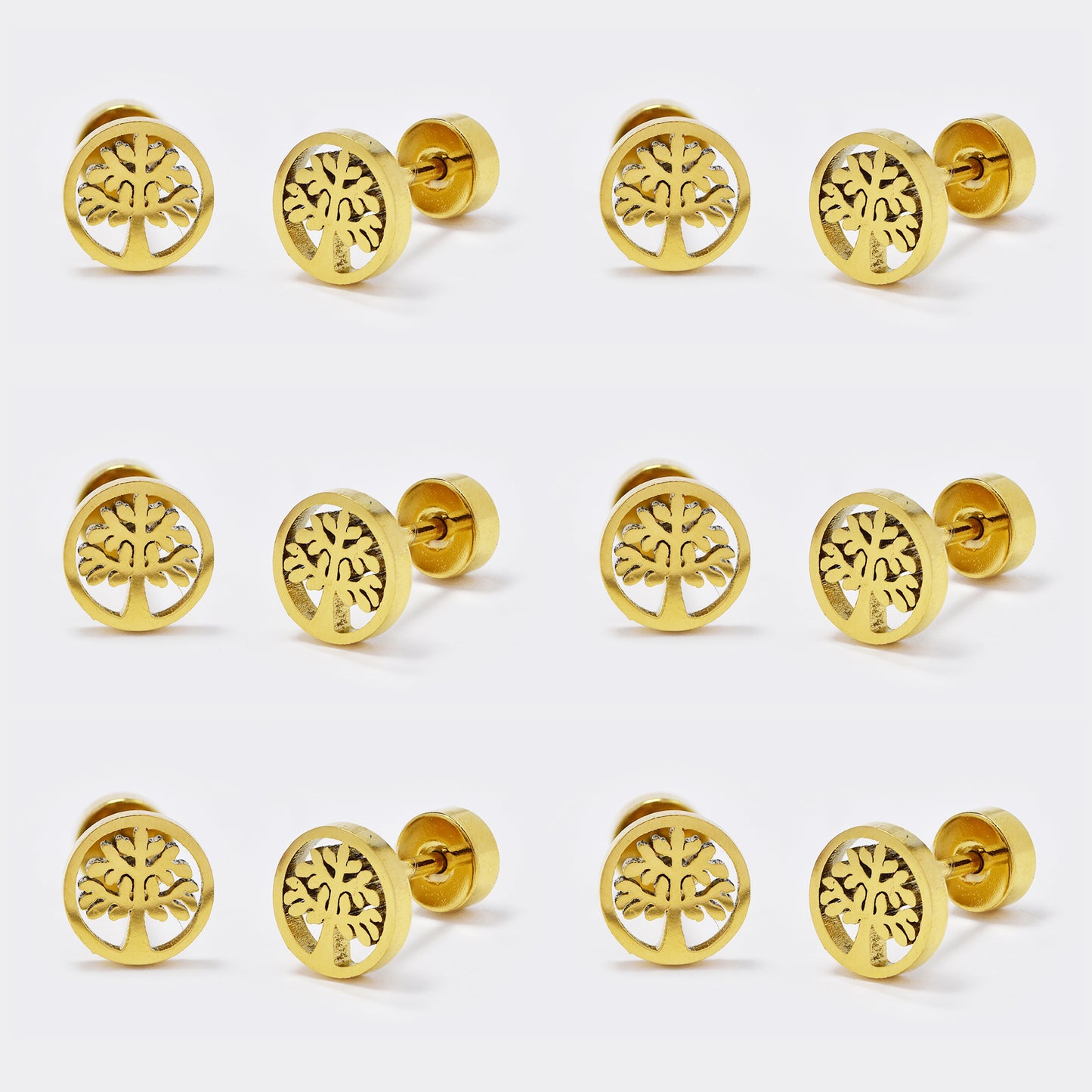 Stainless steel 6 pack tree of life inside circle stud earring with flat back closure - SSYE5446