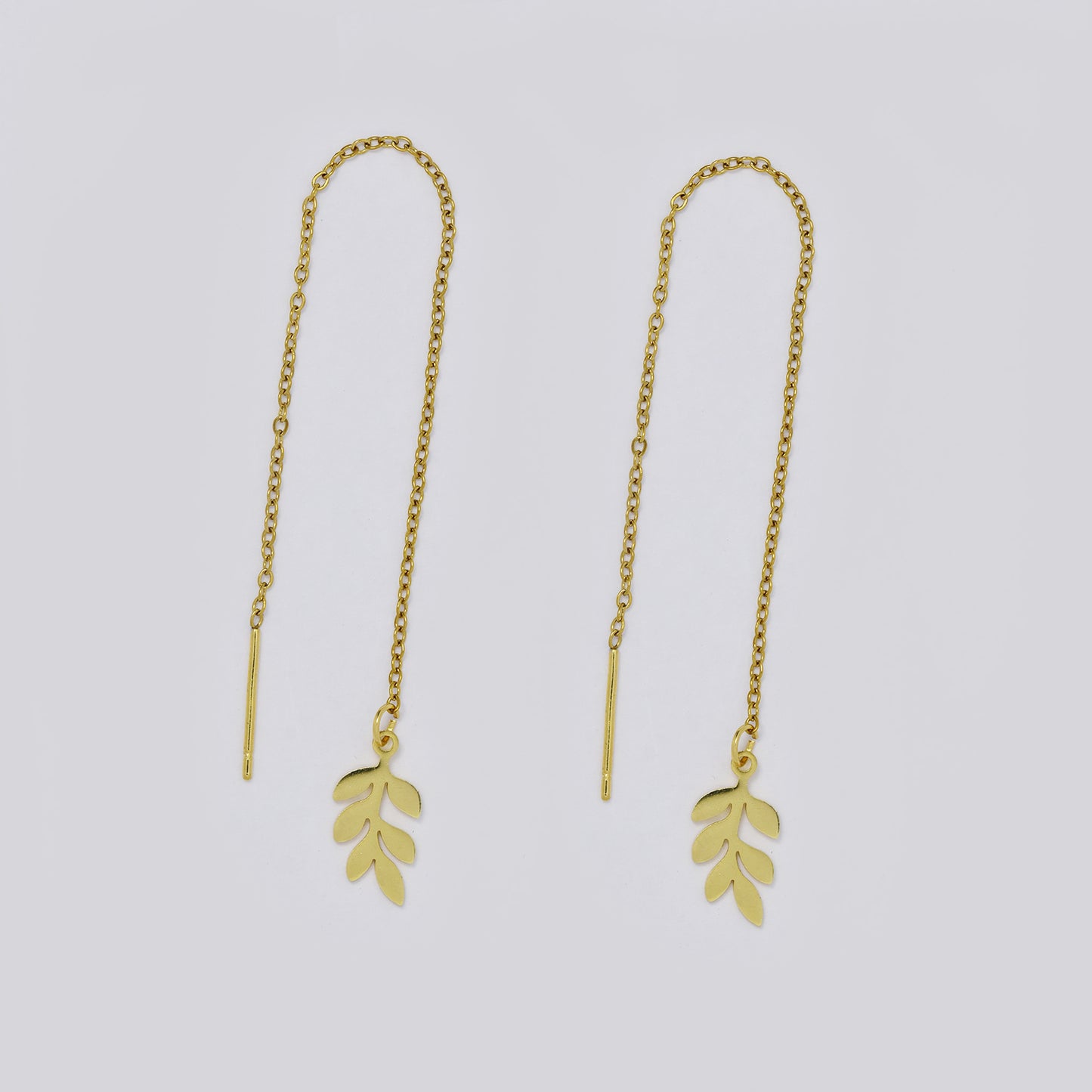 Stainless steel leaf chain link pull through gold earrings - SSYE5510