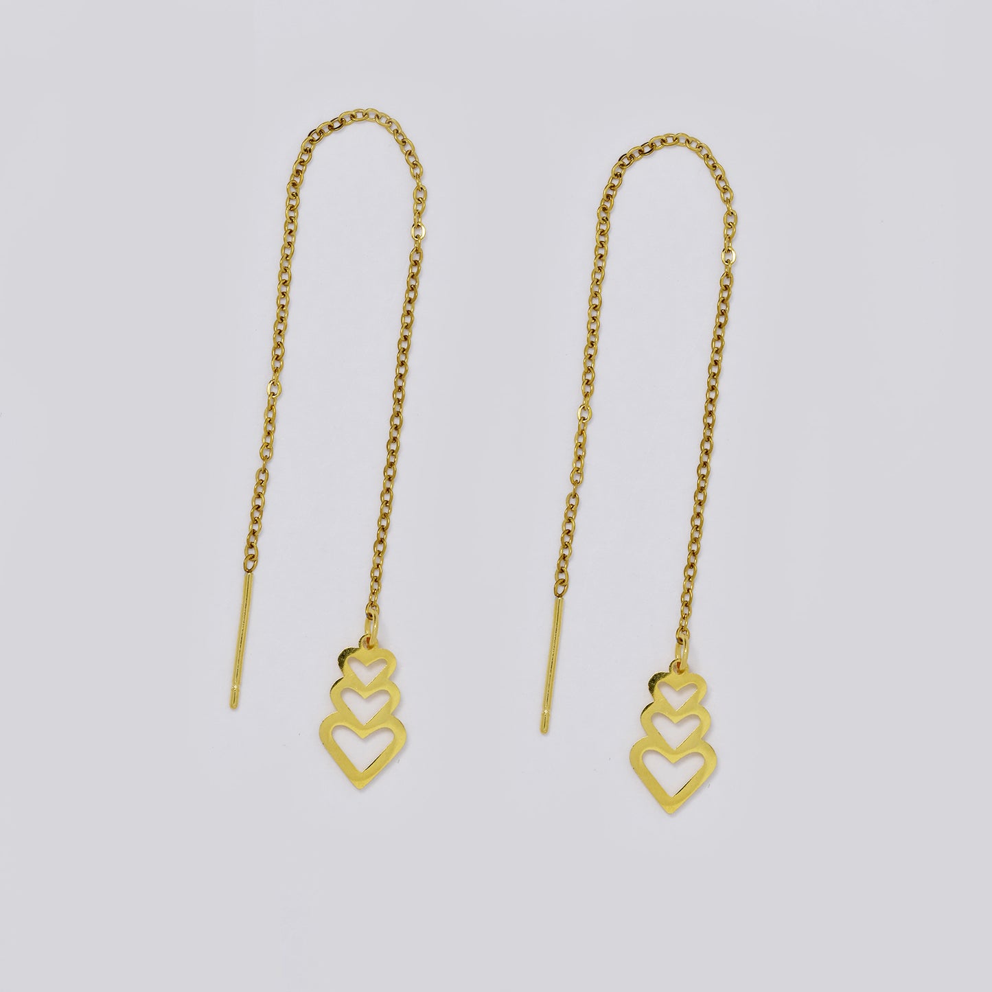 Stainless steel triple heart chain link pull through gold earrings - SSYE5511