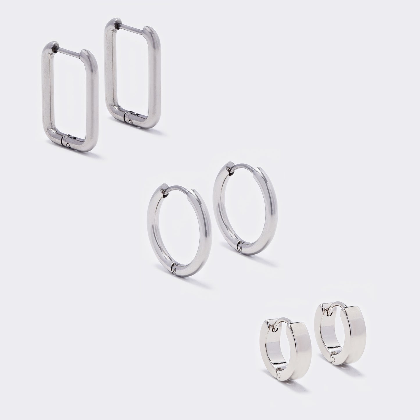 Stainless steel 3 pack 3x13mm huggie and 2.5x17mm sleeper and 21x15mm rectangle hoop earrings - SSYE5523