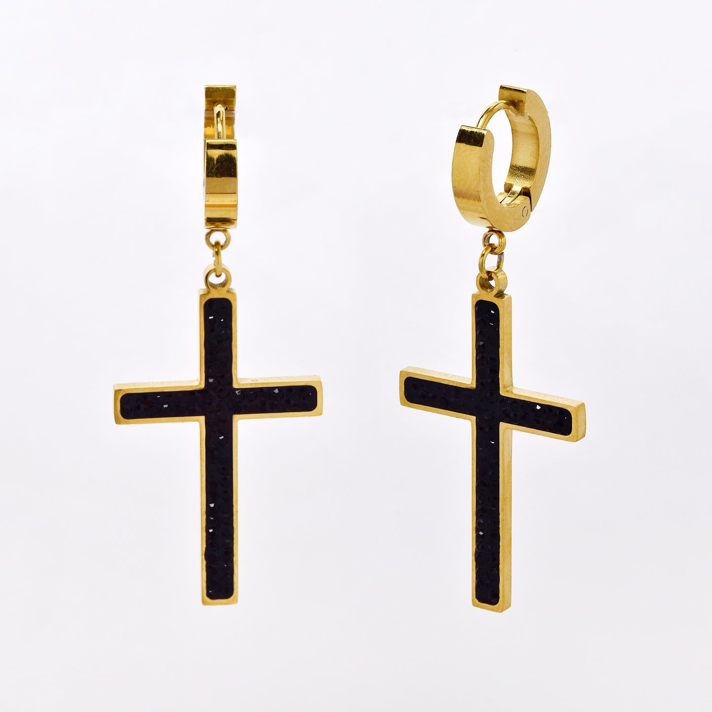 SSYE6001 - St Steel 50mm long CZ cross drop huggie earring