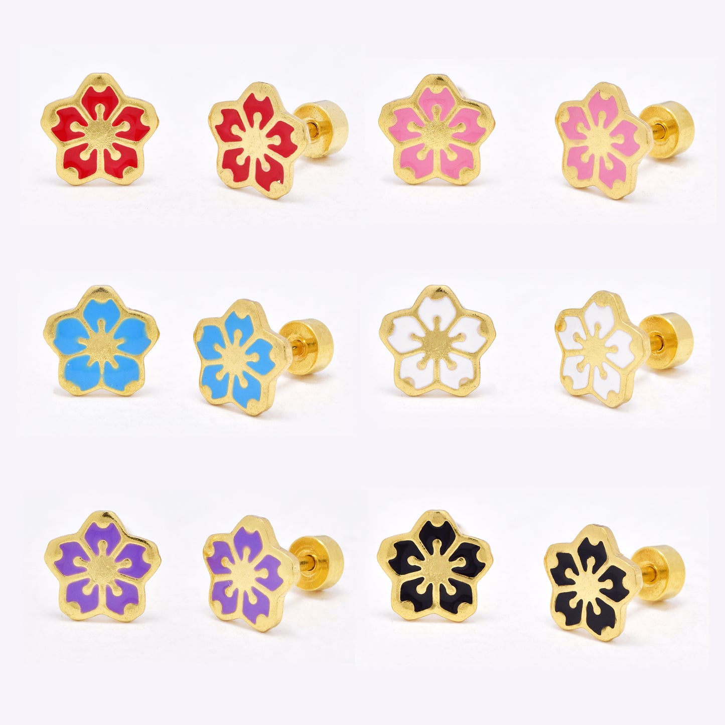 SSYE6458 - St Steel 6 pack 8mm x 8mm colour flower flat back earring