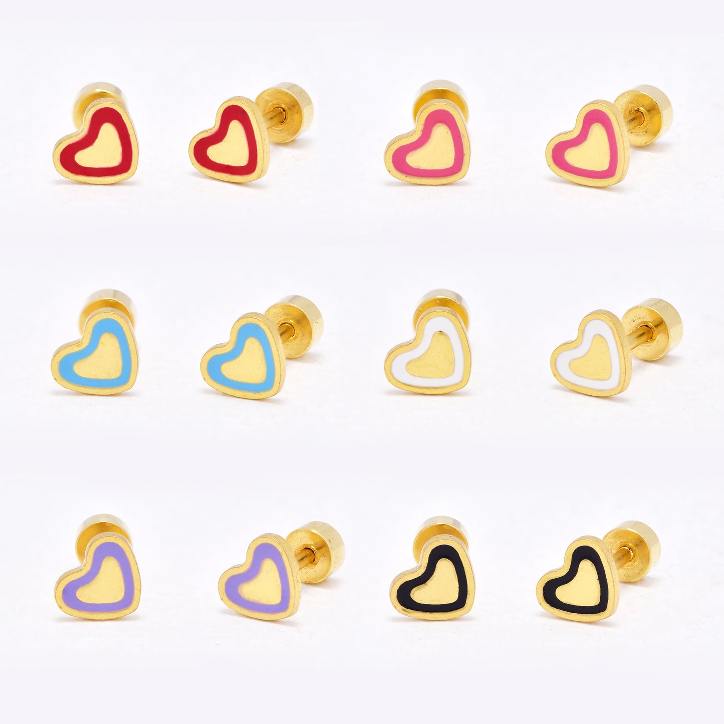 SSYE6461 - St Steel 6 pack 6,5mm x 5,5mm colour outlined heart earring
