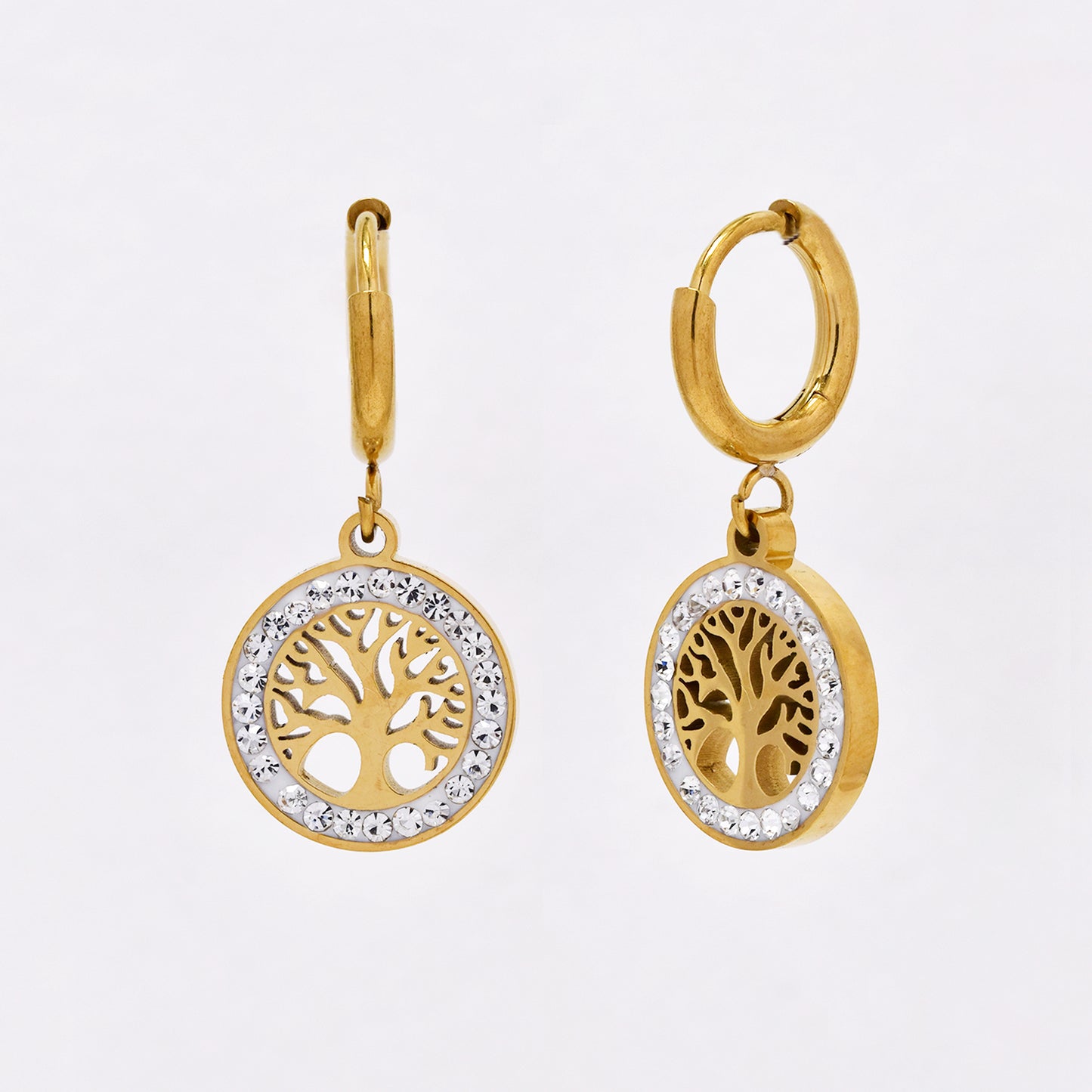 SSYE6746 - St Steel crystal tree of life drop hoops