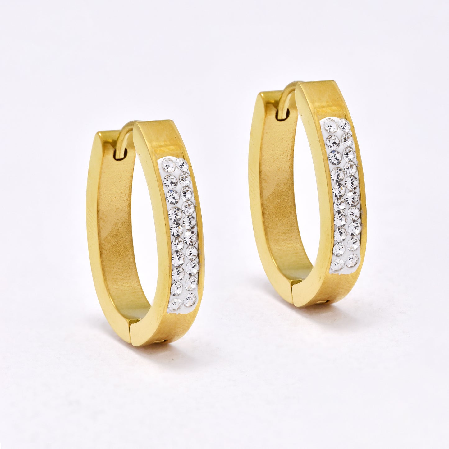 SSYE6753 - St Steel oval crystal huggie, gold flower & two tone flower stud set