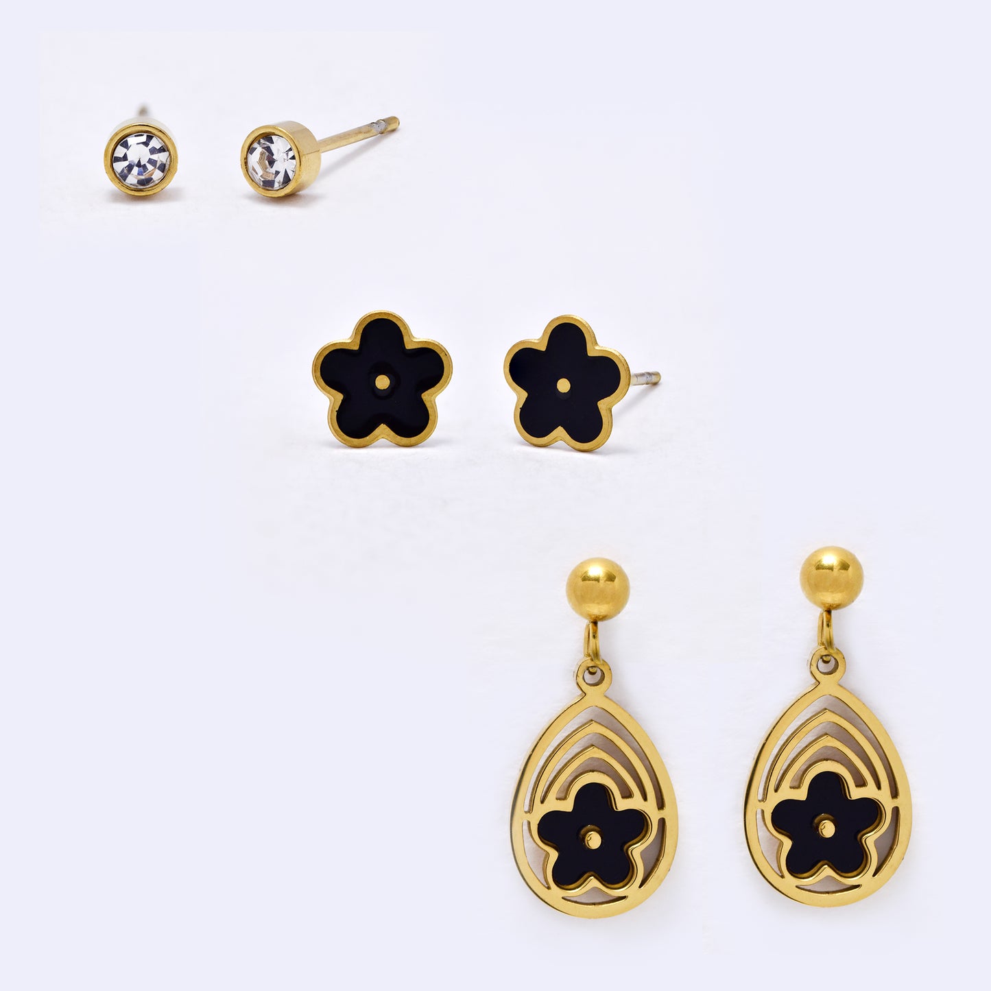SSYE7175 - Steel 3-Pair enamel flower earring set