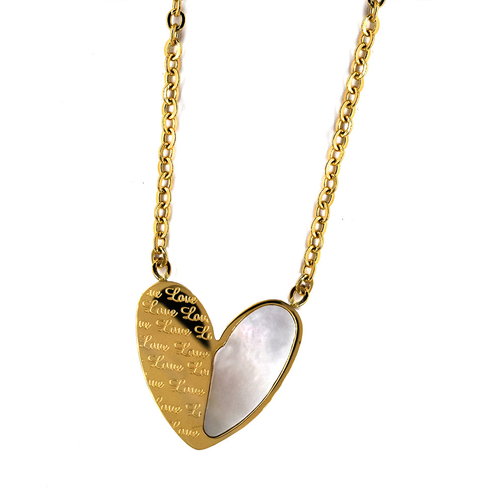Gold Stainless steel half text and half mother of pearl heart necklace