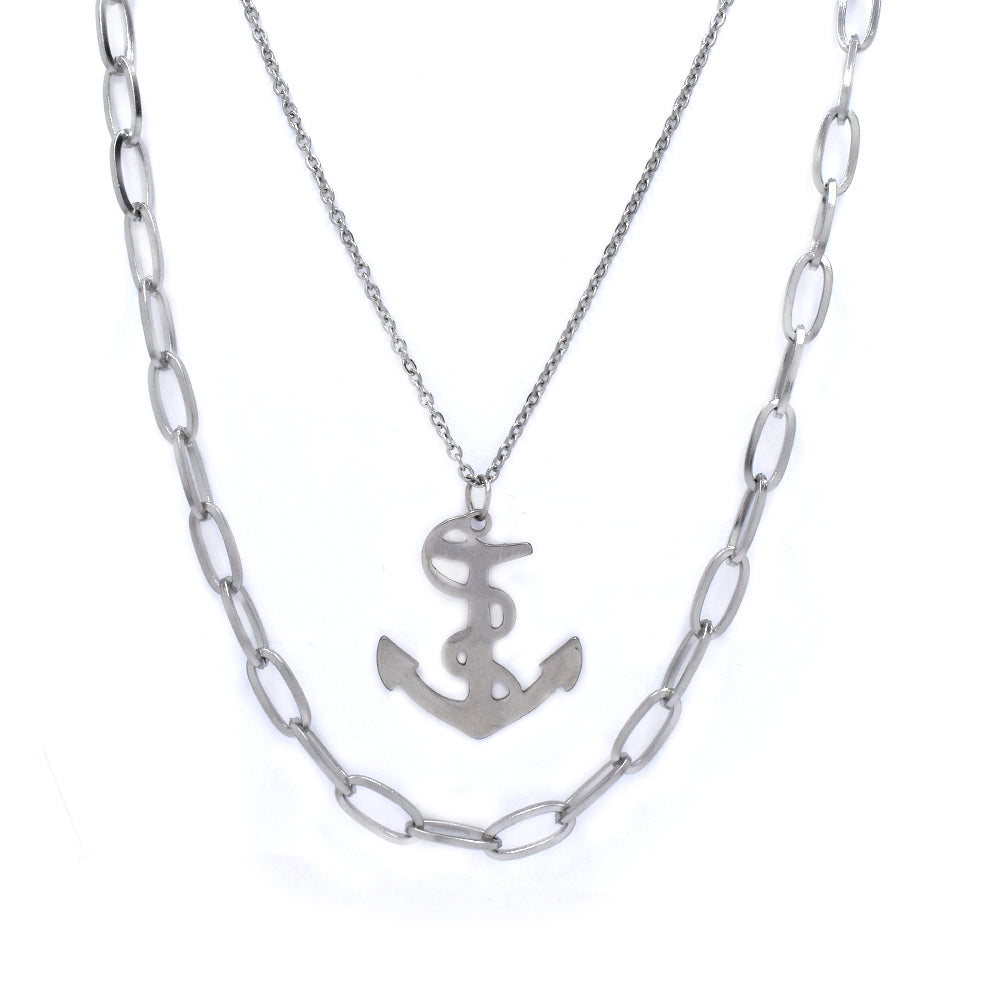 Stainless steel layered necklace with anchor pendant, inner chain length: 50cm outer chain length: 61cm - SSYN3713A
