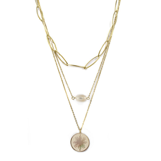 Gold Stainless steel pearl and disc charm triple chain