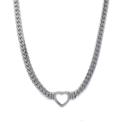 Stainless steel flat curb necklace with heart