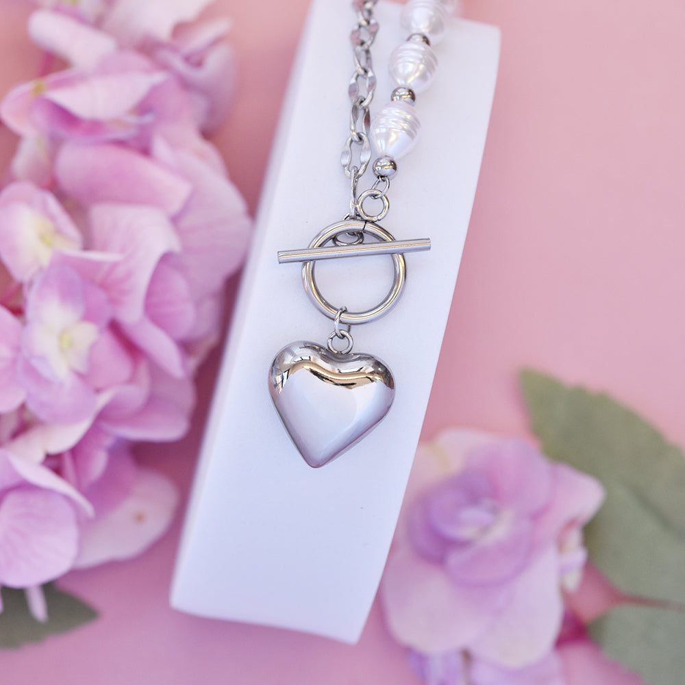 Stainless steel pearl chain heart necklace - SSYN4721