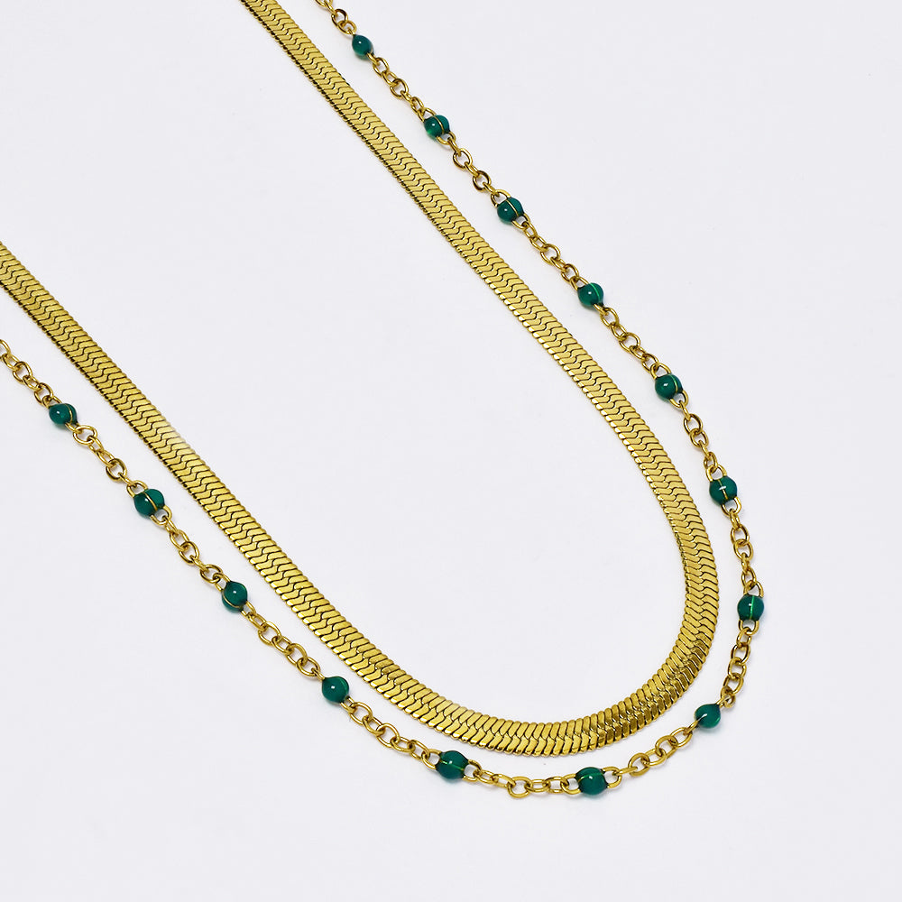 Stainless steel double layer necklace with colour enamel beads 38+5 cm - SSYN4932