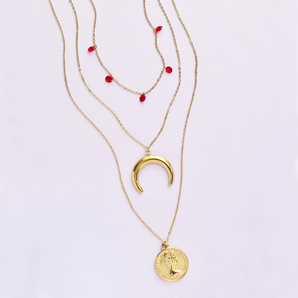 Stainless steel 3 strand necklace with red stones, crescent moon and disc - SSYN4970