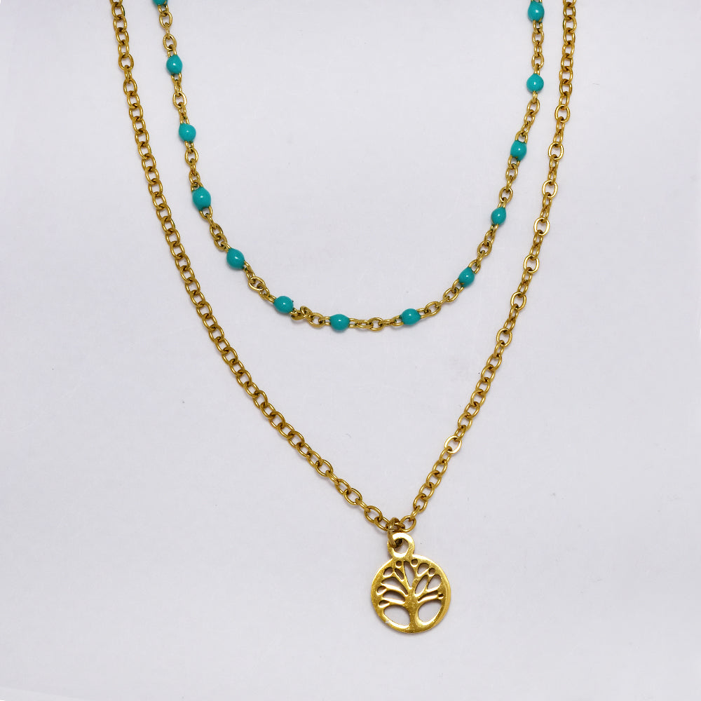 Stainless steel double 43 and 40cm + 5.5cm colour enamel beads with disk chain - SSYN5175