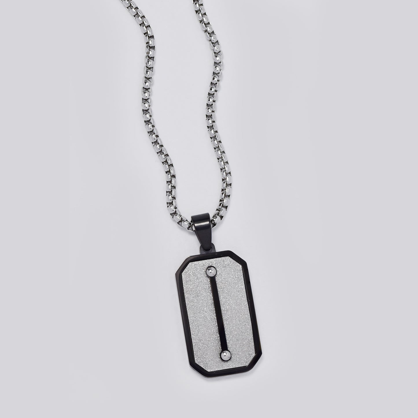 Stainless steel black and silver glitter dogtag on 60cm round box chain - SSYN5480