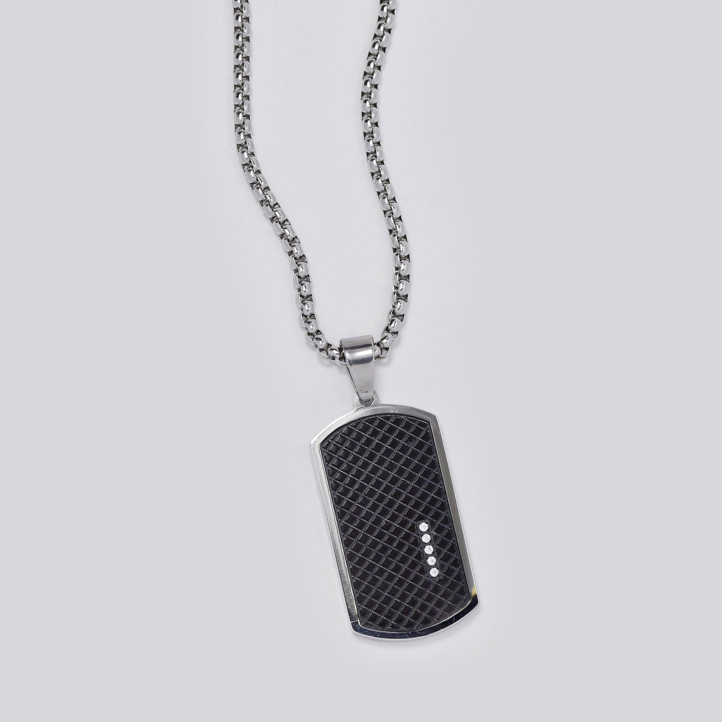 Stainless steel 36 x 21mm black and silver dogtag with cubic zirconia on 60cm round box chain - SSYN5481